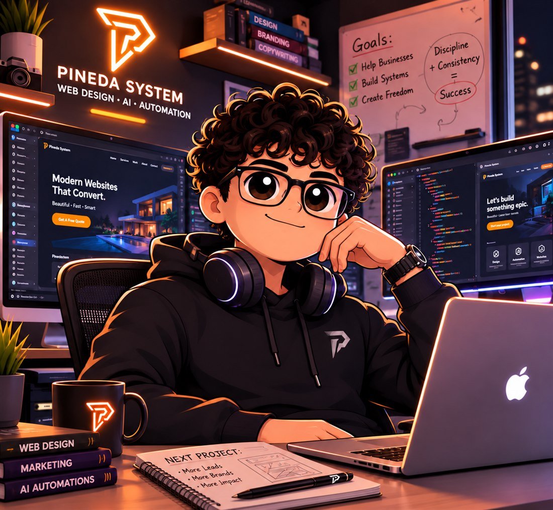 The PINEDA SYSTEM studio desk: brand work, code, and design running side by side