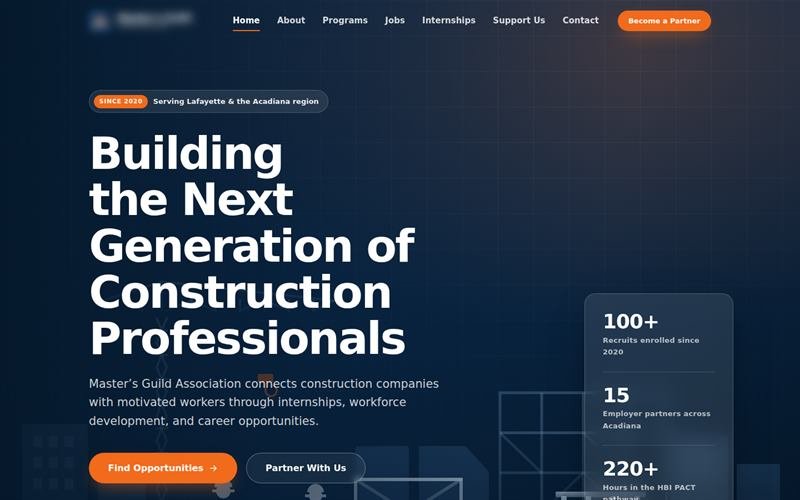 Workforce training organization website, home page